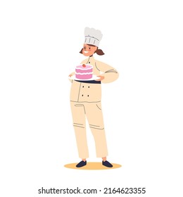 Kid confectioner. Small girl child in cook uniform and hat holding cake work as confectionary baker. Children and different professional occupation concept. Cartoon flat vector illustration