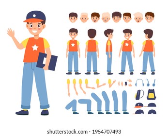 Kid constructor. Boy character various faces, poses and emotions, body parts positions and hairstyles, quick change possibility. Schoolboy with book backpack and smartphone vector set