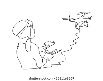 Drone de controle infantil. Menino ou menina com controle remoto controle drone com câmera. Garotinho em clube robótico. Passatempo e lazer ao ar livre. Ilustração de vetor linear isolada no plano de fundo branco