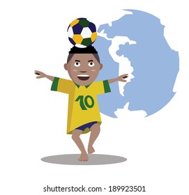 Kid control  soccer ball. World globe background. vector