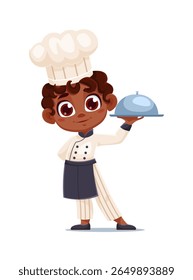 Kid cook chef for cooking children in toque hat or restaurant waiter, vector cartoon character. Funny boy kitchen chef in apron and cook chef hat serving cuisine dish on plate for kid character