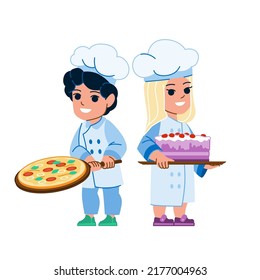kid cook vector. kitchen child boy girl, happy fun little bake, cute apron kid cook character. people flat cartoon illustration