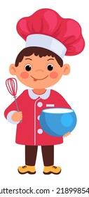 Kid cook with whisk and dough bowl. Cartoon boy