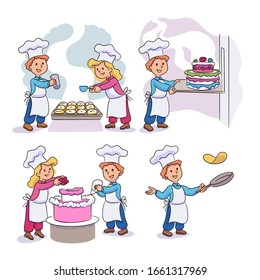 Kid cooking, baking, decorating sweet set. Girls boys preparing cake, cookies, pies, pancakes. Cartoon chief children preparing tasty meal. Little confectioner baker characters. Vector illustration