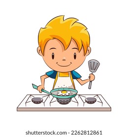 Huevo frito para cocinar para niños, cocinero con cocina