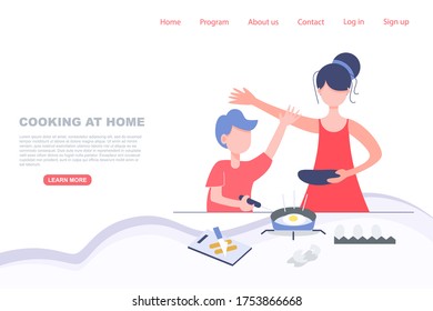 Kid cooking with mom. Stay at home concept. Landing page vector illustration