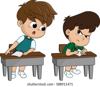 kid copying from other student's paper during examination.vector and illustration.