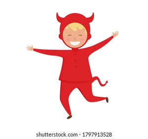 Kid in costume devil. Halloween characters. Vector illustration isolated on white background.