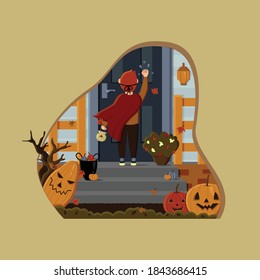A Kid with Costume Knocking the Door on Halloween Day Design Vector Illustration