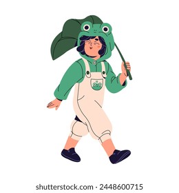 Kid in costume of little frog in Halloween carnival. Cute child dressed in masquerade froggy suit. Boy in froglet hood grimaces, carries leaf. Flat isolated vector illustration on white background
