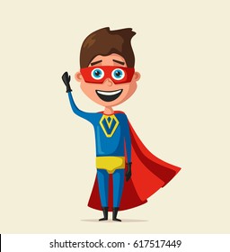 Kid in costume of superhero. Cartoon vector illustration