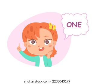 Kid counting to one vector illustration. Cartoon isolated cute preschool girl inside pink figure showing 1 finger gesture to count and study numbers, arithmetic and basic math in kindergarten.