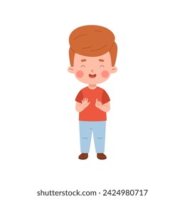 Kid counting to six on palms vector illustration. Cartoon isolated cute preschool boy showing 6 fingers gesture to count and study numbers, arithmetic and basic math