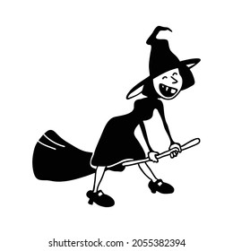 A kid crawling out of a pumpkin. Halloween in the style of outline graphics. Little wizard in a big hat. Surprised baby