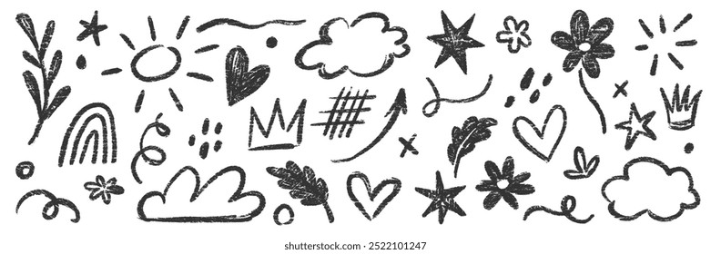 Kid crayon chalk hand drawn black vector set. Crayon pencil cloud, flower, arrow element doodle black brush hand drawn scribble design. Kid chalk pencil style doodle elements. Vector illustration