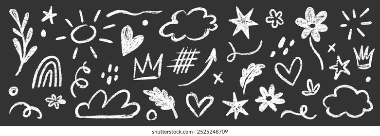 Kid crayon chalk hand drawn black vector set. Crayon pencil cloud, flower, arrow element doodle black brush hand drawn scribble design. Kid chalk pencil style doodle elements. Vector illustration