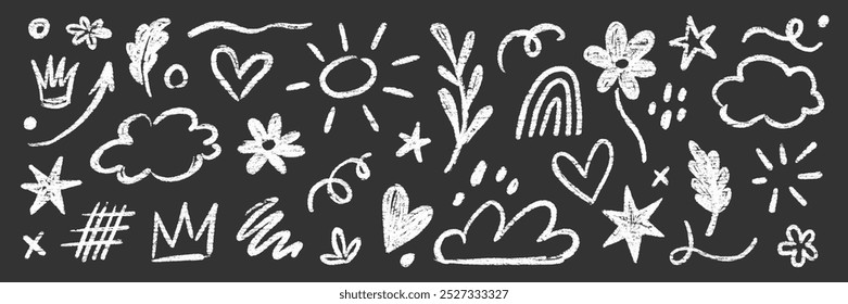 Conjunto de Vector negro dibujado a mano de tiza de crayón para niños. Nube de lápiz de crayón, flor, elemento de flecha doodle negro cepillo dibujado a mano diseño de garabato. Elementos de doodle estilo lápiz de tiza para niños. Ilustración vectorial