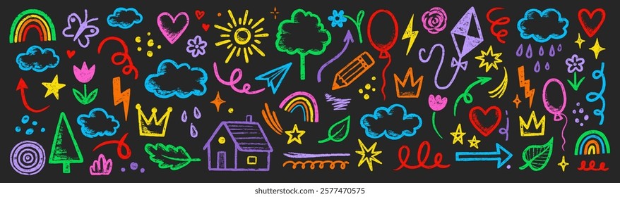 Kid crayon chalk line cloud, flower children sticker set. Hand drawn crayon doodle sketch childish cute element set. Chalk star, heart, flower color cute element background. Vector illustration