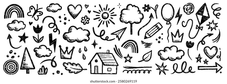 Kid crayon chalk line cloud, flower children sticker set. Hand drawn crayon doodle sketch childish cute element set. Chalk star, heart, flower color cute element background. Vector illustration