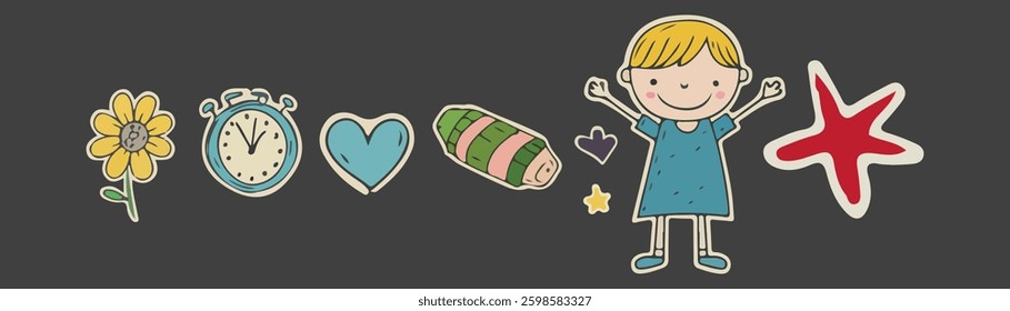 Kid crayon chalk line cloud this set includes hand drawn doodles that showcase the innocence and creativity of childhood through simple and charming sketches