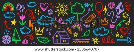 Kid crayon chalk line cloud, flower children element set. Hand drawn crayon doodle sketch childish element set. Chalk heart, cloud, flower color cute design element background. Vector illustration