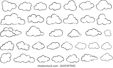 Kid crayon cloud set with cute simple hand drawn outlines. Black line cartoon doodle elements, isolated on white. Perfect for children’s design, clipart, stickers, nursery graphics.
