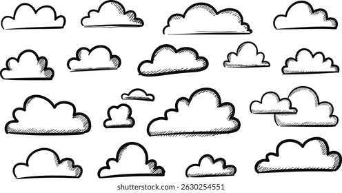 Criança crayon nuvens conjunto - vários contornos de formas simples bonitos desenhados à mão. Linha preta isolada desenhos animados doodle esboçar elementos em fundo branco.