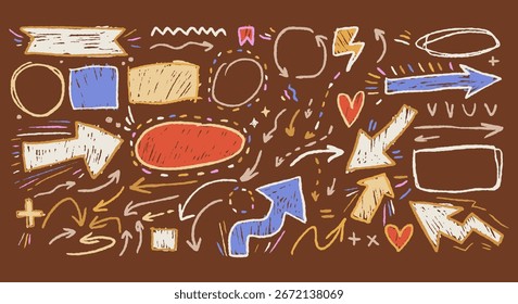 Flechas de doodle de crayón para niños, elementos infográficos incompletos con textura de lápiz de tiza. Fondo de Vector con lindas líneas. Coloridas Formas de iconos creativos para presentaciones, notas.