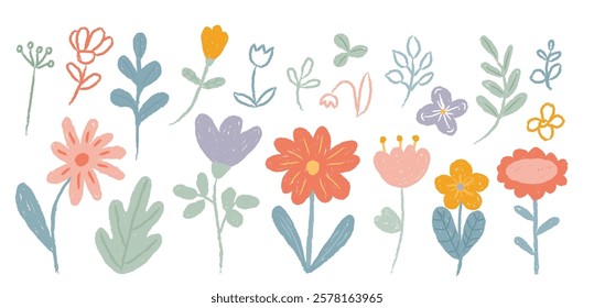 Kid crayon flower drawings, childish pencil floral elements, colorful natural chalk scribbles isolated set. Spring and summer time foliage, blooming plants childlike art design vector illustration