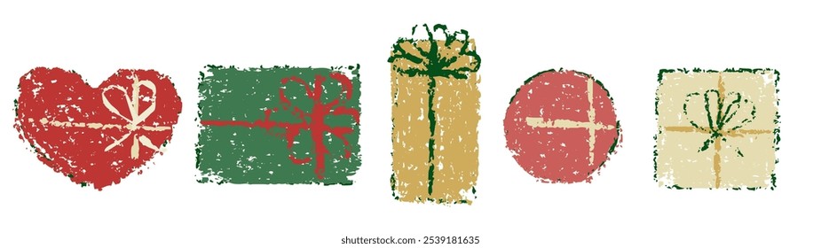 Kid crayon gift box doodle line. Child painting for santa present with chalk pencil. Simple scribble decoration for Christmas greeting card. Distress art for cute ribbon packaging for holiday surprise
