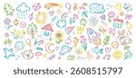 Kid crayon hand drawn background. Children school pencil bg. Cute summer flower, cloud, house, rainbow sun child icon. Vector kid sketch illustration. Cute crayon children pattern. Color pencil doodle
