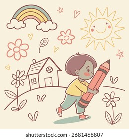 Niño crayón dibujado a mano de fondo. Lápiz escolar para niños. Lindo verano flor nube casa arco iris sol niño icono. Ilustración de boceto de niño de Vector. Patrón lindo de los niños del crayón. Doodle de lápiz de color