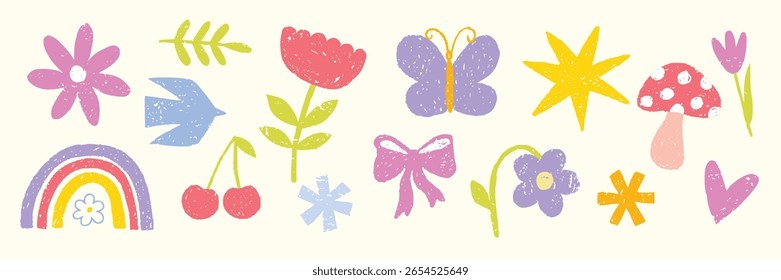 Kid crayon hand drawn elements with cloud, flower, heart, rainbow, cute icon, abstract shape, star and line for sticker, background or playful vector art