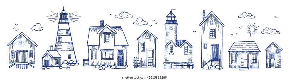 Kid crayon house and lighthouse. Doodle vector set. Hand drawn cute beach house and lighthouse building facade, roof. Childish Scandinavian cozy town street. Wax crayon kids line bg. Blue poster print