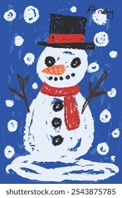 Kid crayon, wax, charcoal drawing portrait of a white snowman. Scribble, messy, children's hand drawing illustration. Fun and cute childish element of elementary school children.