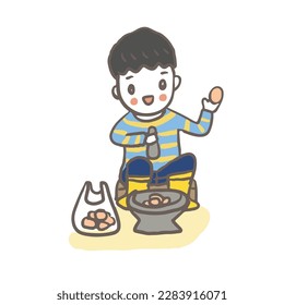 Kid crushed egg shells for plant, kid activity, cartoon vector illustration