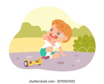 Kid Crying After Accident, Falling To Ground From Hoverboard Vector Illustration. Cartoon Little Child Riding Electric Transport In Summer Park And Falling, Boy With Hurt On Arm Isolated On White