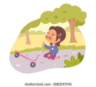 Kid crying after falling accident vector illustration. Cartoon girl learning to ride kick scooter, sad child character suffering from hurt pain of falling to ground, sport injury isolated on white