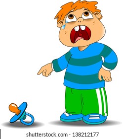 kid crying in the blue sweater because of a fallen pacifiers, illustration