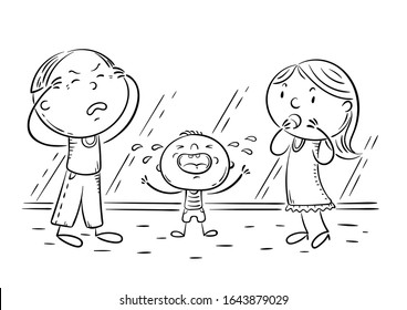 Kid is crying and parents in panic, cartoon illustration