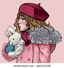 Kid cuddling plush toy. Isolated child wearing winter clothes hat and fury coat. Pretty female character, preschooler with bunny. Girl holding hare looking aside. Cute kiddo, vector illustration