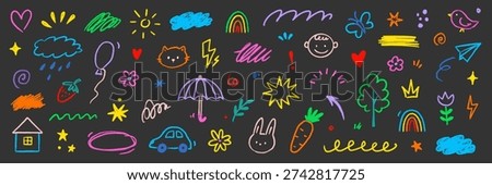 Kid cute baby childish element set. Cute kid school doodle sketch rainbow, sun, cloud background. Children preschool cartoon icons with happy face, house, tree, bird and heart. Vector illustration