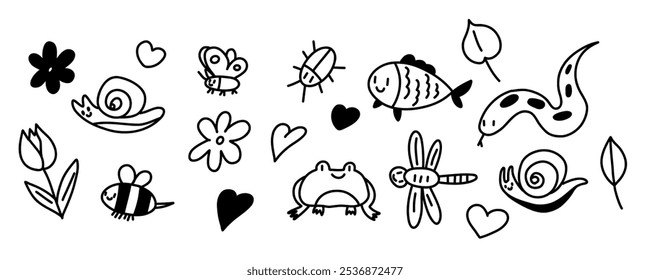 Kid cute doodle set. Cute snail, frog, snake, bee, dragonfly, fish. Kid doodle sketch style vector. Hand drawn flower, heart, butterfly elements. Funny children pen outline elements, isolated on white