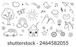 Kid cute doodle set. Cute sun, house, tree kid doodle sketch style vector. Hand drawn sun, car, rainbow elements. Funny children pen outline flower, bird, butterfly. Vector illustration.