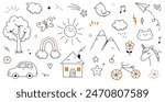 Kid cute doodle set. Cute sun, house, tree kid doodle sketch style vector. Hand drawn sun, car, rainbow elements. Funny children pen outline flower, bird, butterfly. Vector illustration.