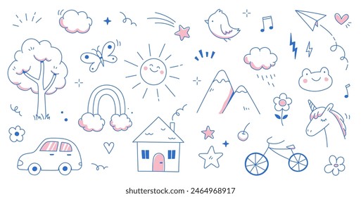 Kid cute doodle set. Cute sun, house, tree kid doodle sketch style vector. Hand drawn sun, car, rainbow elements. Funny children pen outline flower, bird, butterfly. Vector illustration.