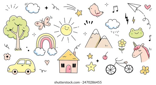 Kid cute doodle set. Cute sun, house, tree kid doodle sketch style vector. Hand drawn sun, car, rainbow elements. Funny children pen outline flower, bird, butterfly. Vector illustration.