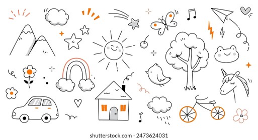 Kid cute doodle set. Cute sun, house, tree kid doodle sketch style vector. Hand drawn sun, car, rainbow elements. Funny children pen outline flower, bird, butterfly. Vector illustration.