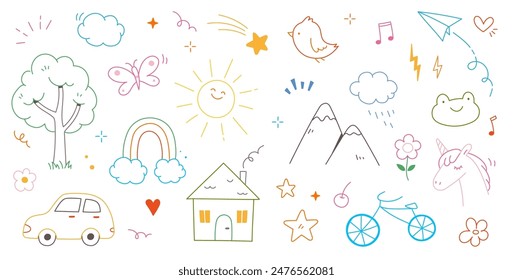 Kid cute doodle set. Cute sun, house, tree kid doodle sketch style vector. Hand drawn sun, car, rainbow elements. Funny children pen outline flower, bird, butterfly. Vector illustration.