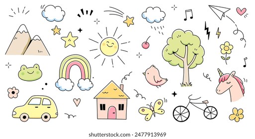 Kid cute doodle set. Cute sun, house, tree kid doodle sketch style vector. Hand drawn sun, car, rainbow elements. Funny children pen outline flower, bird, butterfly. Vector illustration.